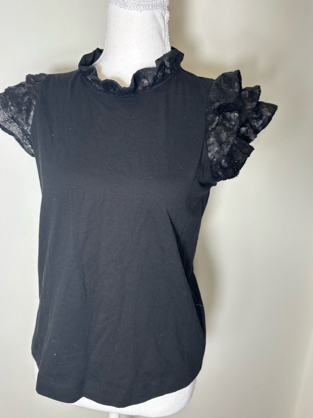 Sea Black Sequined Flutter Sleeve Tee Sz S